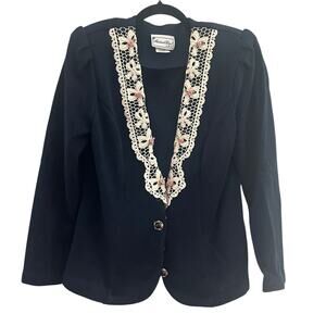Vintage Navy Lace Flowers Sweater Blazer GrannyCore Made USA-Size 10
